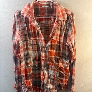 BKE Plaid Button-Up Shirt in Orange and Gray